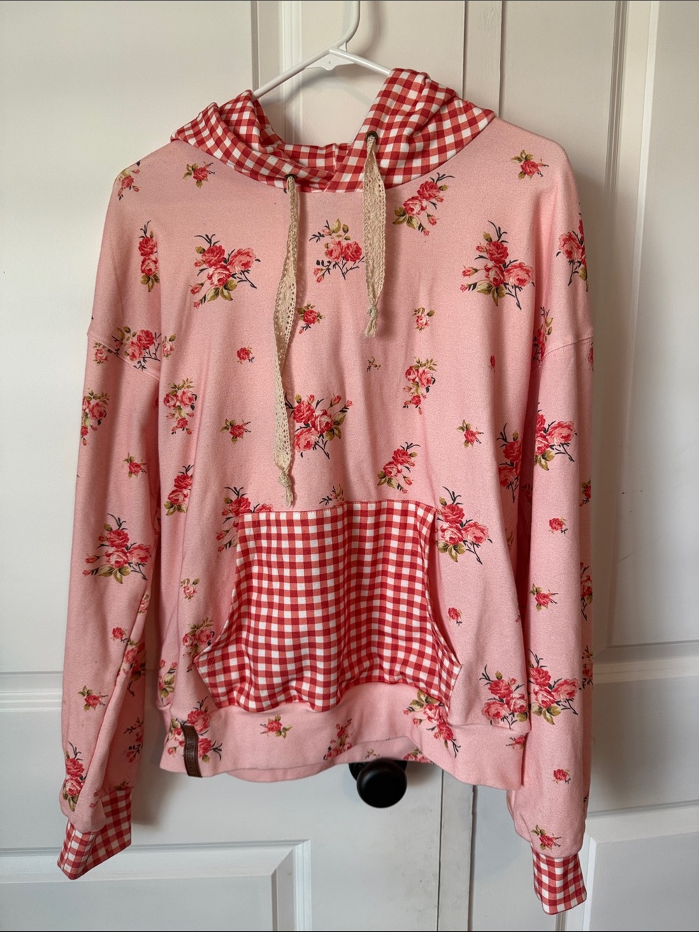 AMPERSAND AVE Pink Floral Hoodie with Red Gingham Pocket & Hood